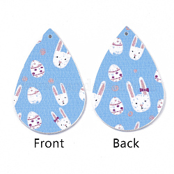 Искусственная кожа большая слезинка с подвесками зайчика, тема пасхи, с рисунком кролика и яйца, Небесно-голубой, 55~56.5x35~37x2 мм, отверстие : 1~2 мм
