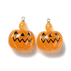 Ciondoli in resina trasparente zucca di halloween, con passanti in metallo color oro chiaro, zucca jack-o'-lantern, arancione, 25.5x20x11.5mm, Foro: 1.6 mm