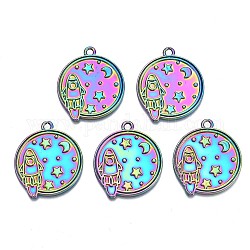Rack Plating Rainbow Color Alloy Pendants, Cadmium Free & Nickel Free & Lead Free, Flat Round with Rocket & Star, 29x25x1mm, Hole: 2mm