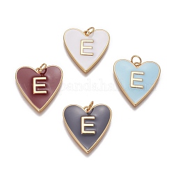 Brass Enamel Pendants, Long-Lasting Plated, Lead Free & Nickel Free & Cadmium Free, Heart with Letter.E, Golden, Mixed Color, 27.5~28x25~26x2.5~3mm, Hole: 4~4.5mm