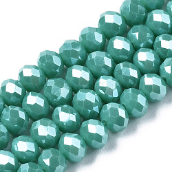 Abalorios de vidrio electroplate hebras, lustre de la perla chapado, facetados, rerondana plana, medio turquesa, 3.5x3mm, agujero: 0.4 mm, aproximamente 123~127 pcs / cadena, 13.7~14.1 pulgada (35~36 cm)