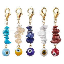 Décorations de pendentif au chalumeau mauvais œil faites à la main, avec des perles de pierres précieuses et des fermoirs à pinces de homard en alliage de zinc, couleur mixte, 59mm