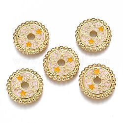 Perles en laiton émaillé, plat rond avec étoile & étoile jaune, véritable 18k plaqué or, rose, 15.6x2mm, Trou: 2.7mm