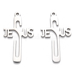 304 Stainless Steel Pendants, Cross with Word Jesus Charm, Stainless Steel Color, 39.5x22.5x1.5mm, Hole: 2mm
