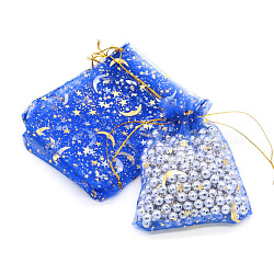 Rechteckige Geschenktüten aus Organza mit Kordelzug und Heißprägung, Aufbewahrungstaschen mit Mond- und Sternaufdruck, Blau, 9x7 cm