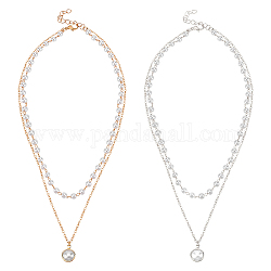 ANATTASOUL 2Pcs 2 Colors Plastic Imitation Pearl Pendants Double Layer Necklaces Set, Alloy Jewelry for Women, Platinum & Light Gold, 15.12 inch(38.4cm), 1Pc/color