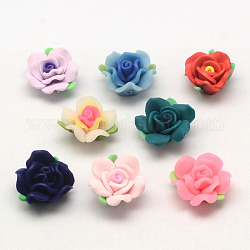 Handmade Polymer Clay 3D Flower with Leaf Beads, Mixed Color, 15x8mm, Hole: 2mm