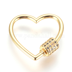 Latón micro pavimentar cubic zirconia tornillo mosquetón encantos, para hacer collares, corazón, Claro, dorado, 23x23x2~5.5mm