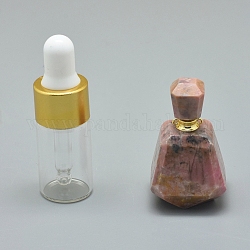 Facettierte natürliche Rhodonit-Parfümflaschenanhänger zum Öffnen, mit Messingfunden und Glasflaschen mit ätherischen Ölen, 33~37x18~22 mm, Bohrung: 0.8 mm, Fassungsvermögen der Glasflasche: 3 ml (0.101 fl. oz), Edelsteinkapazität: 1 ml (0.03 fl. oz)