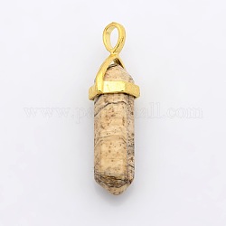 Natural Picture Jasper Bullet Pointed Pendants, with Golden Tone Alloy Findings, 38~41x11x9mm, Hole: 4x5mm