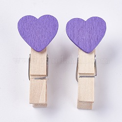 Wooden Craft Pegs Clips, Heart, Spray Paint, Clothespins, Paper Note Photo Holder, Lilac, 37~40x17~18x11~13mm, 10pcs/bag
