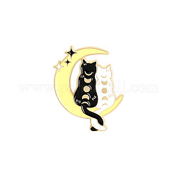 Katze mit Mond-Emailnadel, Leicht vergoldetes Legierungsabzeichen für Rucksackkleidung, Champagnergelb, 30x22 mm