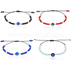 ANATTASOUL 4Pcs 4 Colors Glass & Plastic Evil Eye Braided Bead Bracelets Set, Leather Cord Adjustable Bracelets for Women, Mixed Color, Inner Diameter: 1-5/8~3-1/8 inch(4.1~8cm), 1Pc/color