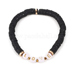 Handmade Polymer Clay Heishi Beads Stretch Bracelets, for Valentine's Day, with Brass Spacer Beads, Glass Beads and Plating Acrylic Beads, Word Love, Black, Inner Diameter: 2-1/8 inch(5.5cm)