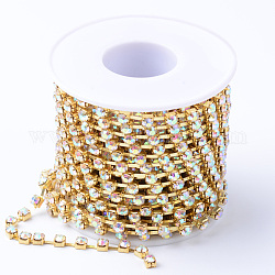 Brass Rhinestone Strass Chains, with Spool, Rhinestone Cup Chains, Raw(Unplated), Nickel Free, Crystal AB, 2mm, about 10yards/roll