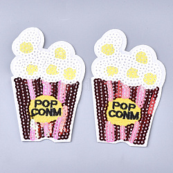 Computerized Embroidery Cloth Iron On Patches, with Paillette, Costume Accessories, Appliques, Pop Corn, White, 111x69x1.5mm