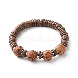 Bracciali elasticizzati con perline di legno di cocco naturale, con tappi in lega di stile tibetano, marrone noce di cocco, diametro interno: 2-1/4 pollice (5.55 cm), 11.5mm