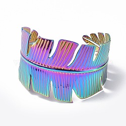 Placage ionique (ip) 304 bracelet manchette ouvert plume en acier inoxydable pour femme, couleur arc en ciel, diamètre intérieur : 2-1/8x2-3/8 pouce (5.35cmx6cm)