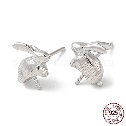 Rhodium Plated 925 Sterling Silver Stud Earring Findings, Rabbit, for Half Drilled Beads, Real Platinum Plated, 10x10x4mm, Pin: 0.7mm