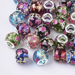 Printed Transparent Glass European Beads, Large Hole Beads, with Platinum Tone Brass Double Cores, Rondelle with Sakura Pattern, Mixed Color, 12x9.5mm, Hole: 5mm