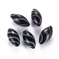 Perle di globo di vetro soffiato a mano opaco, con polvere di scintillio, motivo a strisce, riso, nero, 25~27x12~13mm, Foro: 1~2 mm