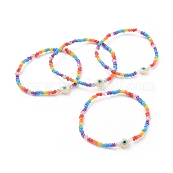 Baking Paint Glass Seed Beads Stretch Bracelets, with Glass Beads and Freshwater Shell Beads, Evil Eye, Mixed Color, 2-3/8 inch(5.9cm)