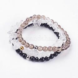 Natural Mixed Gemstone Stretch Bracelets, Smoky Quartz & Obsidian & Quartz Crystal, with 304 Stainless Steel Beads, Cardboard Jewelry Box Packing, 2 inch~2-1/4 inch(52~57mm), 3strands/set