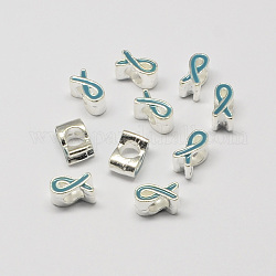 Alloy Enamel Awareness Ribbon Large Hole European Beads, Silver Color Plated, Sky Blue, 11x6x8mm, Hole: 5mm