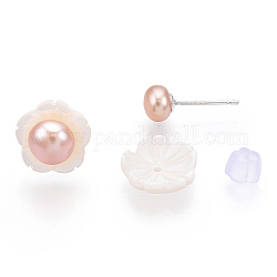 Boucles d'oreilles à tige en perles naturelles et coquillages blancs, avec 925 épingle en argent sterling, couleur de coquillage, 10x14.5mm, pin: 0.8 mm