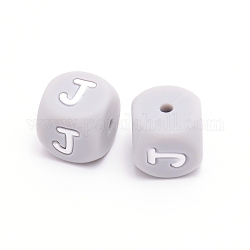 Perles de silicone, cube avec letter.j, grises , 12x12x12mm, Trou: 2mm