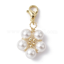 Décorations de pendentif de perle de coquille de fil de cuivre, avec fermoir en 304 acier inoxydable, fleur, or, 32mm