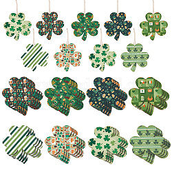 Decrations del pendente del trifoglio di legno stampato, con corda di canapa, per il giorno di san patrizio, verde, pendente: 8x8x0.15 cm, 8 pc