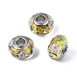 Handmade Lampwork European Beads, with Gold Foil and Rhinestone, Large Hole Rondelle Beads, with Platinum Tone Brass Double Cores, Rondelle, Yellow, 14.5x9mm, Hole: 4.5mm