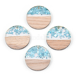 Transparent Resin & White Wood Pendants, Flat Round Charms with Paillettes, Light Sky Blue, 28x3.5mm, Hole: 2mm