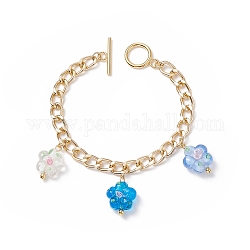 Lampwork Flower Charm Bracelet with Aluminium Curb Chains for Women, Deep Sky Blue, 7-1/2 inch(19cm)