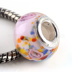 Perles européennes rondes vernissées à gros trou, avec des noyaux de laiton de ton argent, rose, 13~14x10~11mm, Trou: 5mm
