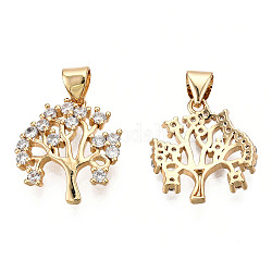 Brass Micro Pave Cubic Zirconia Pendants, Tree of Life, Clear, Golden, 18x15.5x2.5mm, Hole: 3.5x4.5mm