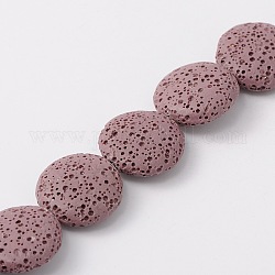 Fili di perle di roccia lavica naturale, rotondo e piatto, tinto, marrone rosato, 20~21.5x7~8mm, Foro: 1 mm, circa 19pcs/filo, 15.35 pollice