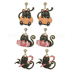 Orecchini pendenti con gatto in lega smaltata a tema Halloween con perni in ottone, orecchini di zirconi chiari, forme misto, 30~35x24~30mm