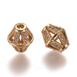 Perle cave di zirconi cubici trasparenti in micro pavè di ottone, bicono, oro, 11x10mm, Foro: 2.5 mm