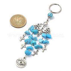 Flat Round with Eye Alloy Pendant Keychains, with Synthetic Turquoise Chip Beads and Cross Charms, for Women Bag Car Key Pendant Decoration, 15.2x2.9cm