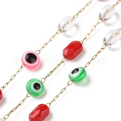 Plat rond avec des chaînes de perles de verre mauvais œil, avec 304 chaînes de trombones en acier inoxydable dorées, non soudée, rouge, 6x4mm, 7.5x4.5x3mm