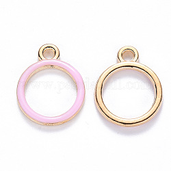 Alloy Enamel Pendants, Round Ring, Light Gold, Pink, 16x13x2mm, Hole: 1.8mm
