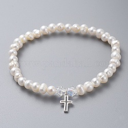 Bracelets extensibles en perles d'eau douce naturelles, avec 925 breloques en argent sterling, perles de cristal autrichiennes et boîtes en carton, croix, blanc, 2 pouce (5.2 cm)