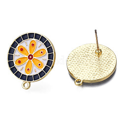 Alloy Enamel Stud Earring Findings, with Iron Pins and Horizontal Loops, Cadmium Free & Nickel Free & Lead Free, Flat Round with Flower, Light Gold, Orange, 22.5x20mm, Hole: 1.5mm, Pin: 0.7mm