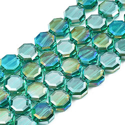 Galvanisieren transparente Glasperlen Stränge, ab Farbe plattiert, facettiert, Achteck, hell meergrün, 7~8x7~8x4 mm, Bohrung: 1.2 mm, ca. 72 Stk. / Strang, 20.47 Zoll (52 cm)