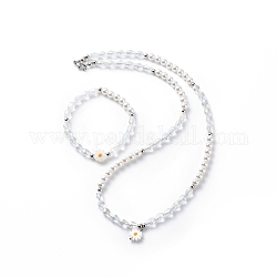 Bracelet extensible et collier pendentif fleur de marguerite en coquillage naturel, bijoux en perles de verre et de plastique pour femmes, blanc, 21-1/4 pouce (54 cm), 53mm