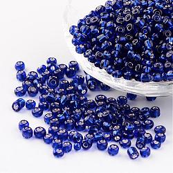6/0 rotonda d'argento perline di vetro foro rotondo foderato, blu, 4mm, Foro: 1.5 mm, circa 496pcs/50g