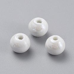 Handmade Porcelain Beads, Pearlized, Round, White, 14mm, Hole: 2.5~4mm
