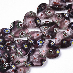 Chapelets de perles vernissées de millefiori manuelles, cœur, violet, 11~12x12x4~5mm, Trou: 1mm, Environ 32~33 pcs/chapelet, 12.72 pouce ~ 13.78 pouces (32.3~35 cm)